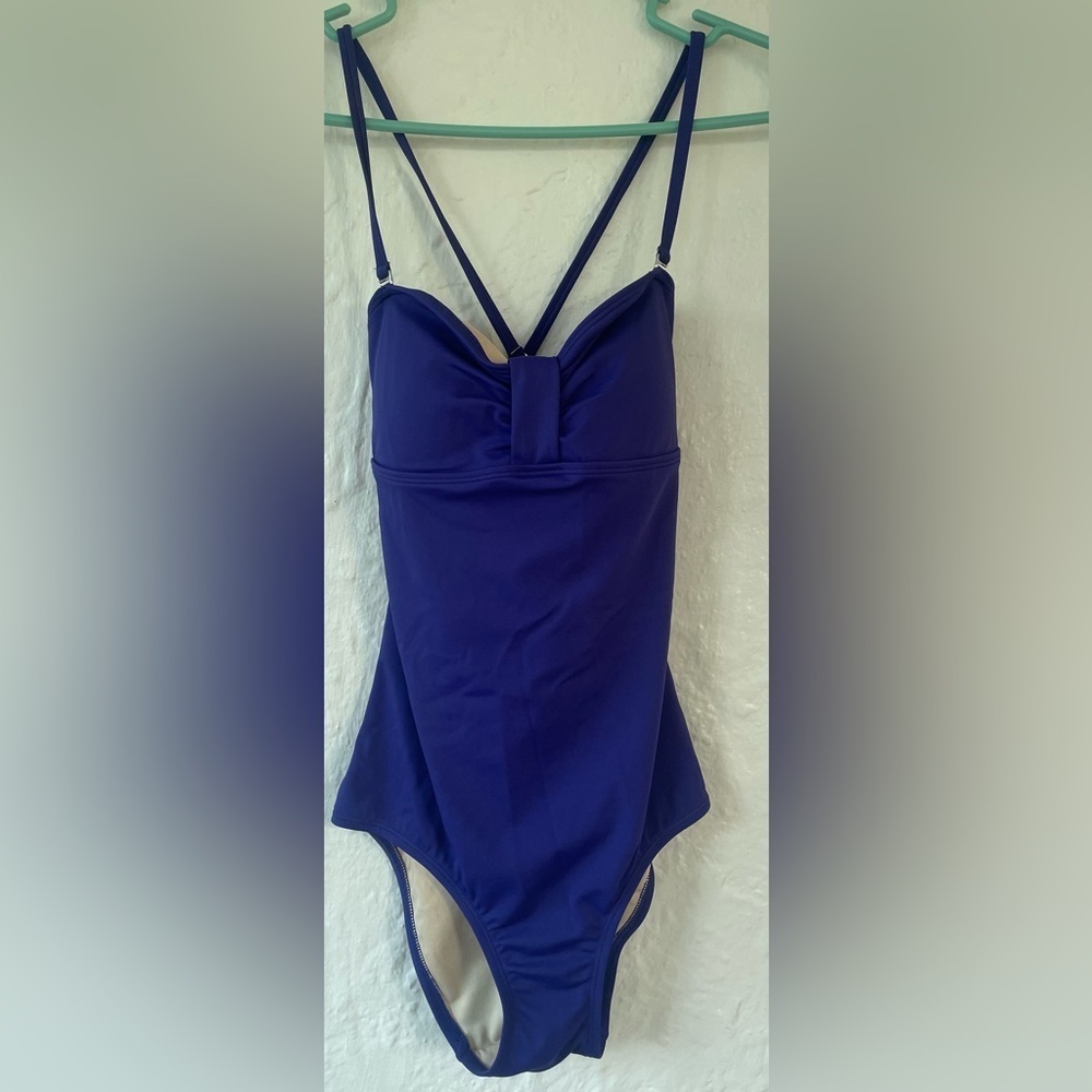 Victoria Secret bright blue one piece swim suit, strappy back, full coverage; XS